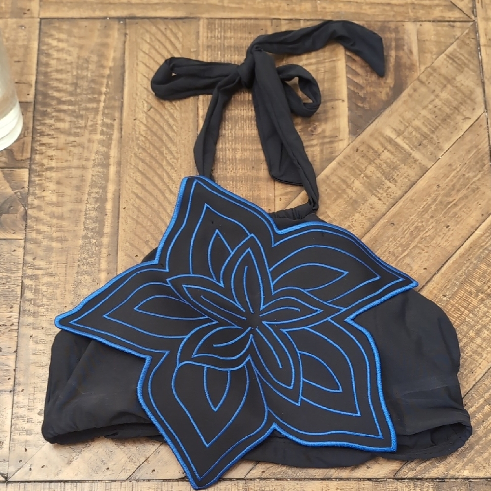 Anthropologie Black Halter Top with Blue Floral Design